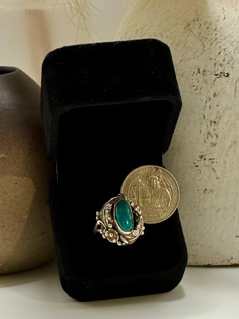 Vintage Handmade Navajo Sterling Silver Genuine Turquoise Feather Statement Ring